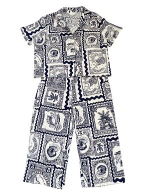 Nicole Miller Atelier Blue/Ivory Tropical Linen Blend Pantsuit, Top-L Bottom-S